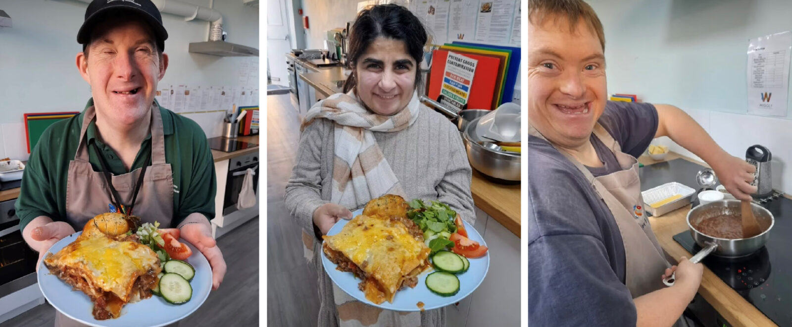 A collage of two men and a woman presenting the food they have cooked during their cookery class.